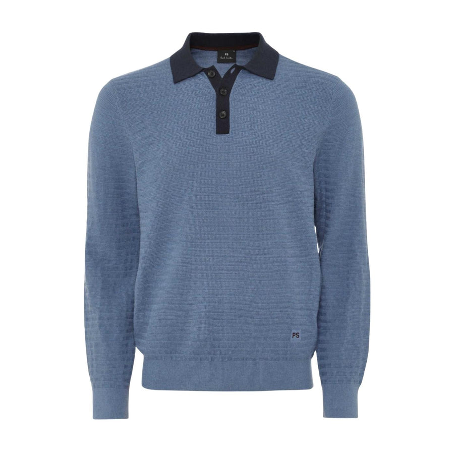 Paul Smith Textured Knit Long Sleeve Blue Sweater Polo Shirt