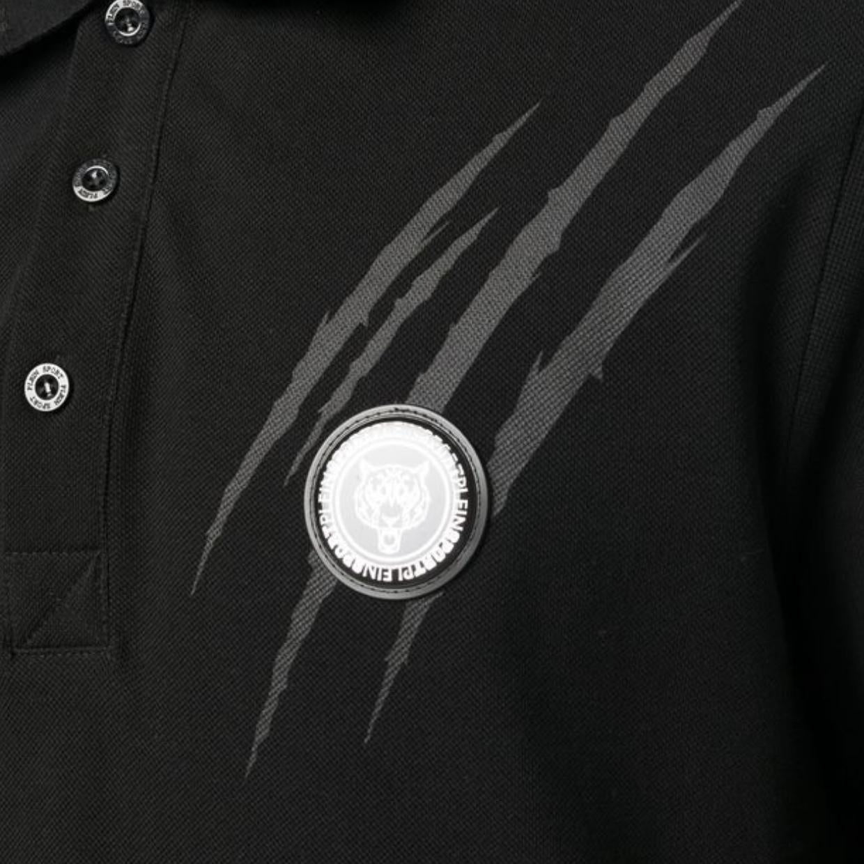 Plein Sport Tiger Scratch Print Black Polo Shirt
