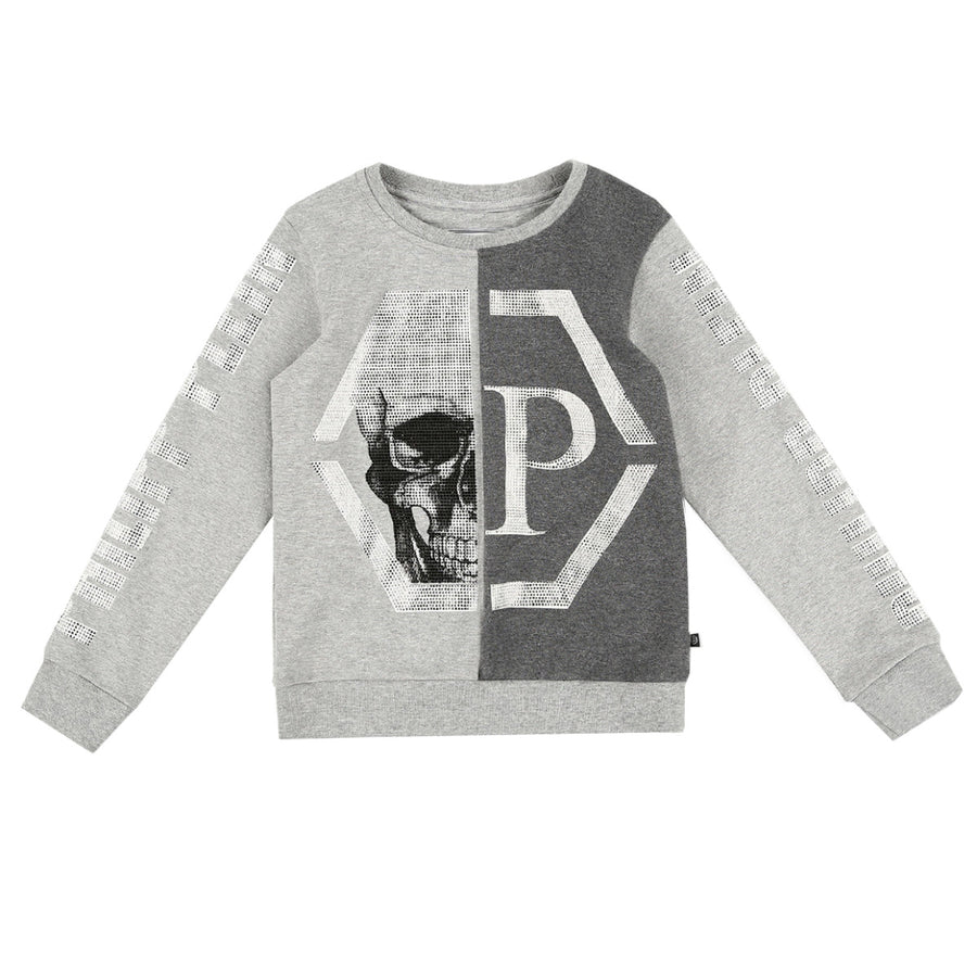 Philipp Plein Junior Grey Diamante Logo Sweatshirt  front