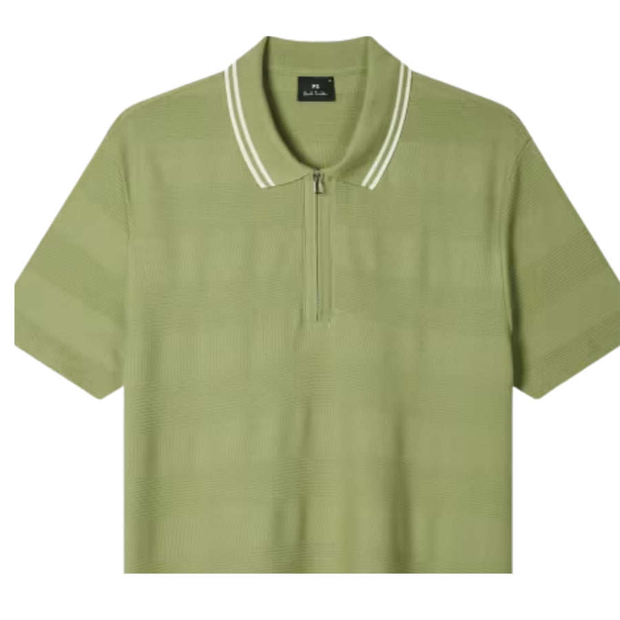 Paul Smith Textured Stripe Half Zip Green Polo Shirt