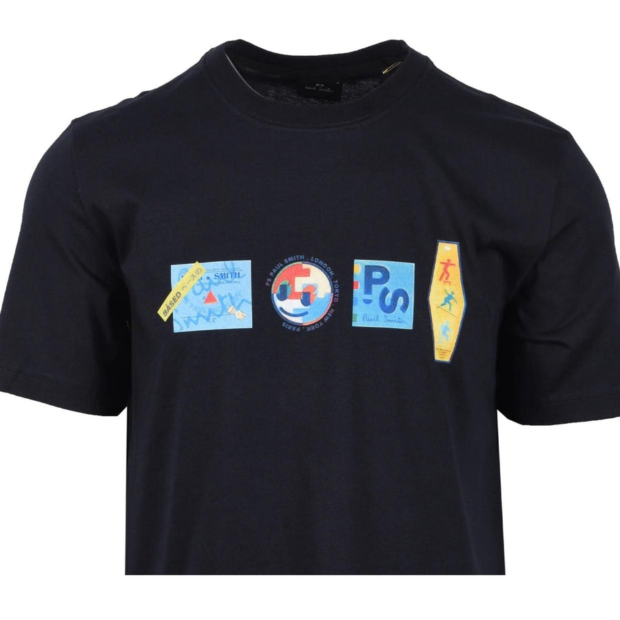 Paul Smith Regular Fit Printed Stickers Navy T-Shirt