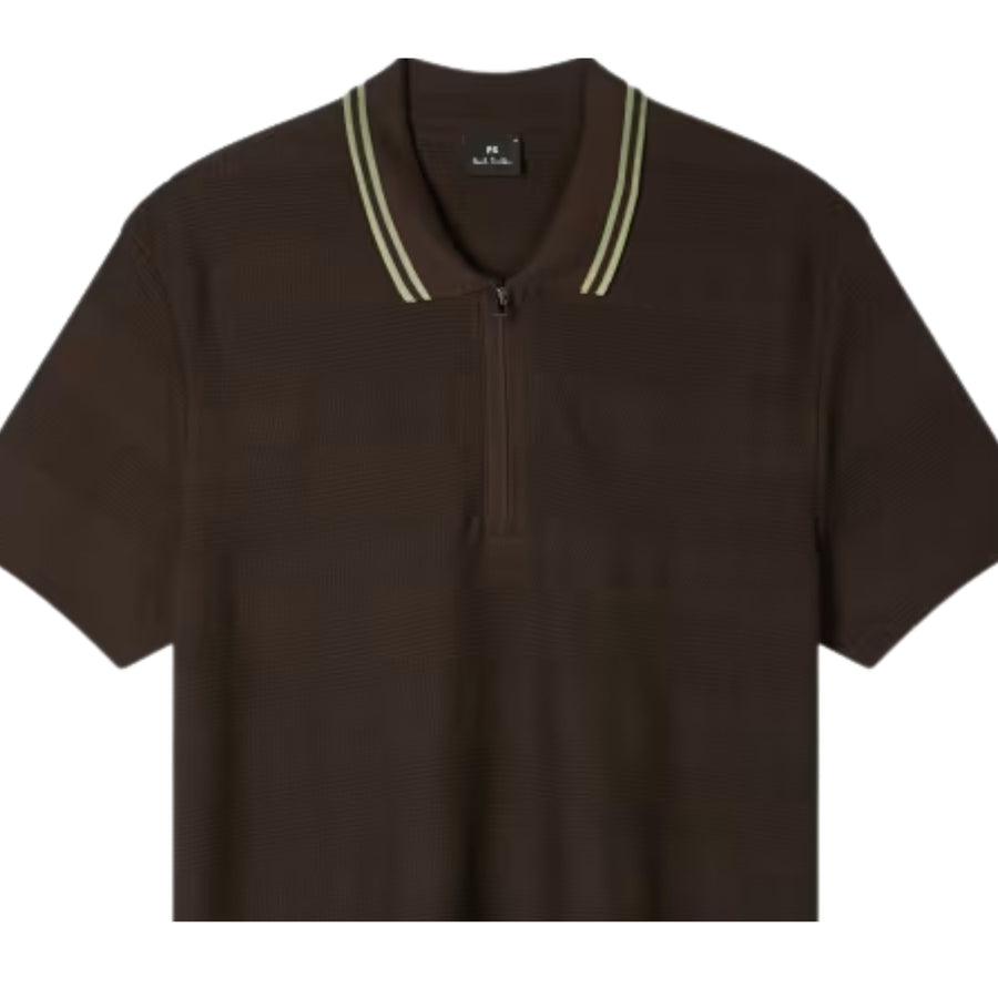 Paul Smith Textured Stripe Half Zip Brown Polo Shirt