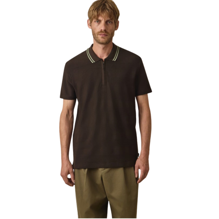 Paul Smith Textured Stripe Half Zip Brown Polo Shirt