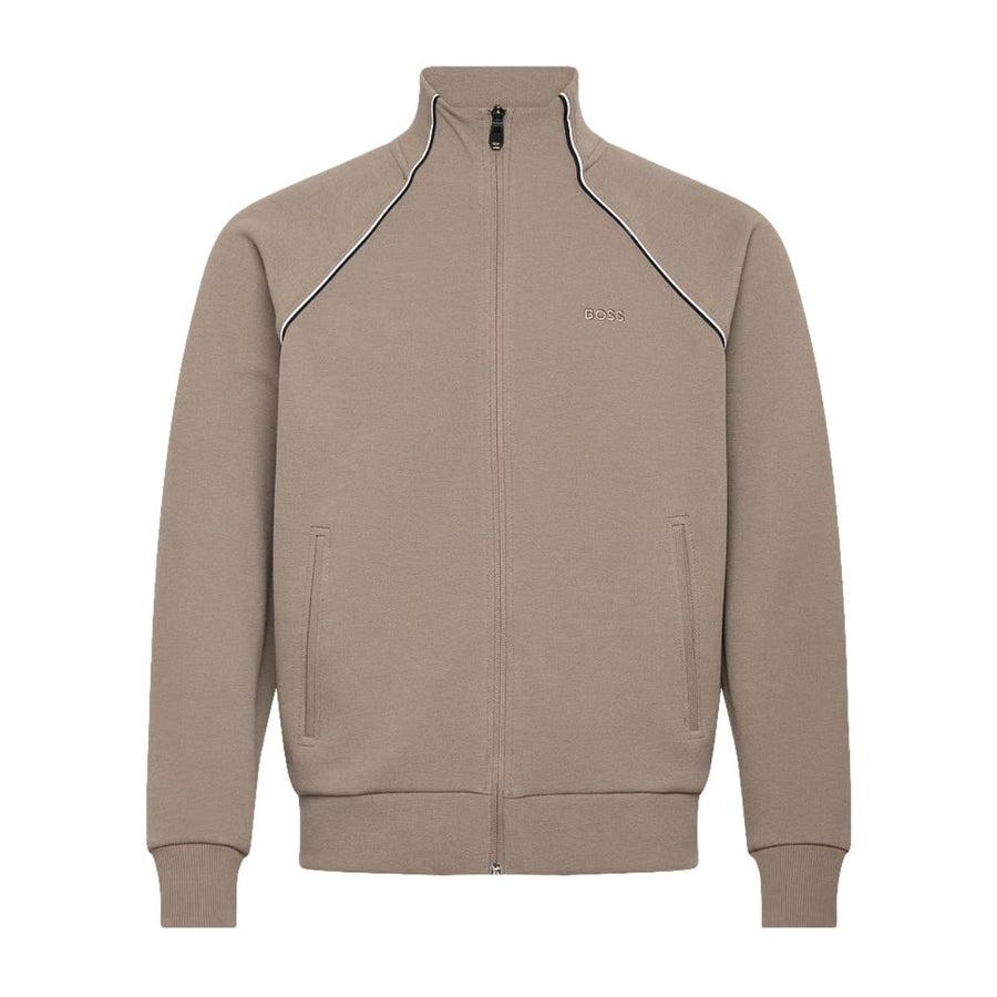 BOSS Cotton-Blend Contrast-Pipping Full Zip Light Pastel Green Sweatshirt