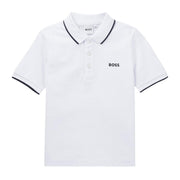 BOSS Kids Contrast Logo Cotton Pique White Polo Shirt