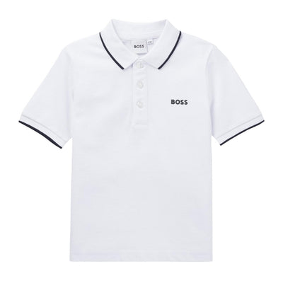 BOSS Kids Contrast Logo Cotton Pique White Polo Shirt