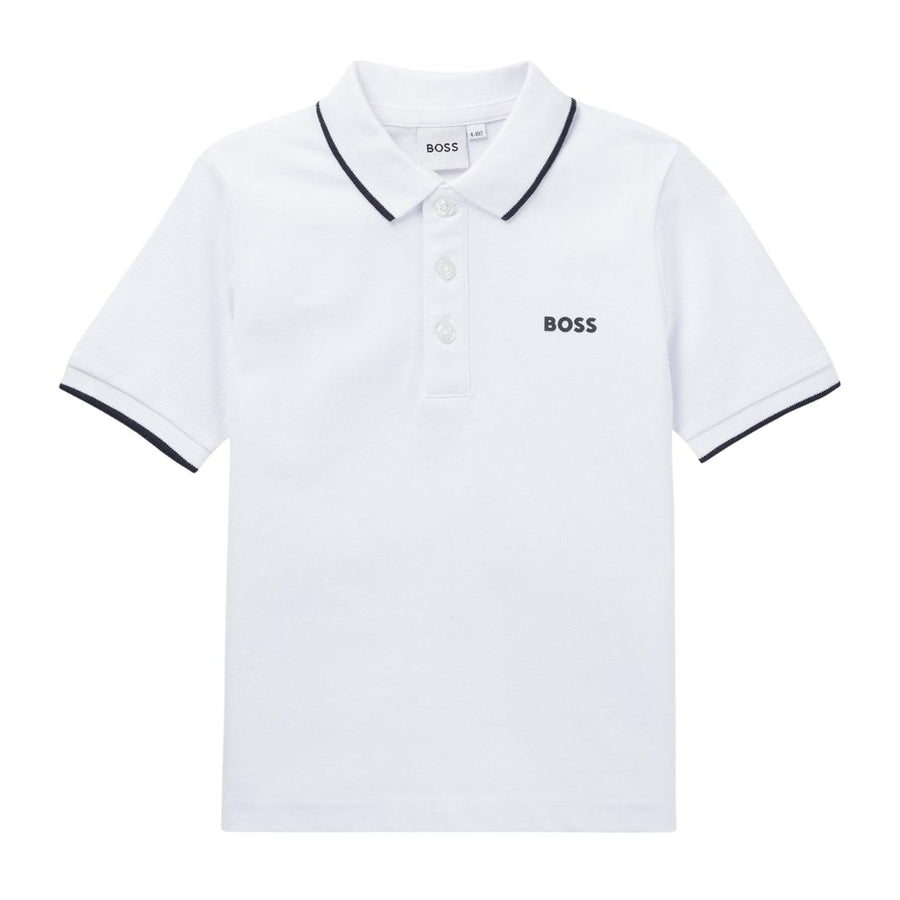 BOSS Kids Contrast Logo Cotton Pique White Polo Shirt