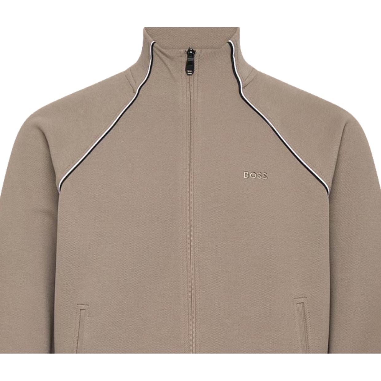 BOSS Cotton-Blend Contrast-Pipping Full Zip Light Pastel Green Sweatshirt