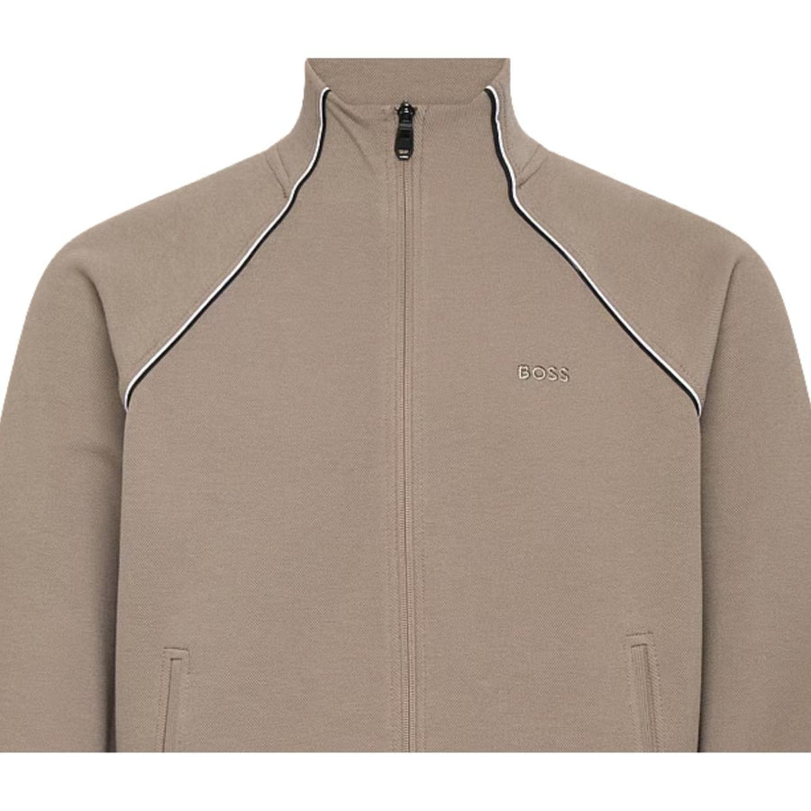 BOSS Cotton-Blend Contrast-Pipping Full Zip Light Pastel Green Sweatshirt