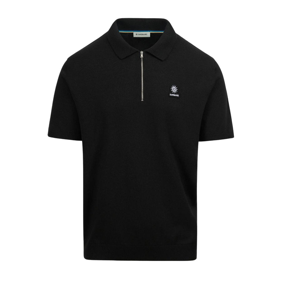 Sandbanks Logo Badge Black Half Zip Knitted Polo Shirt