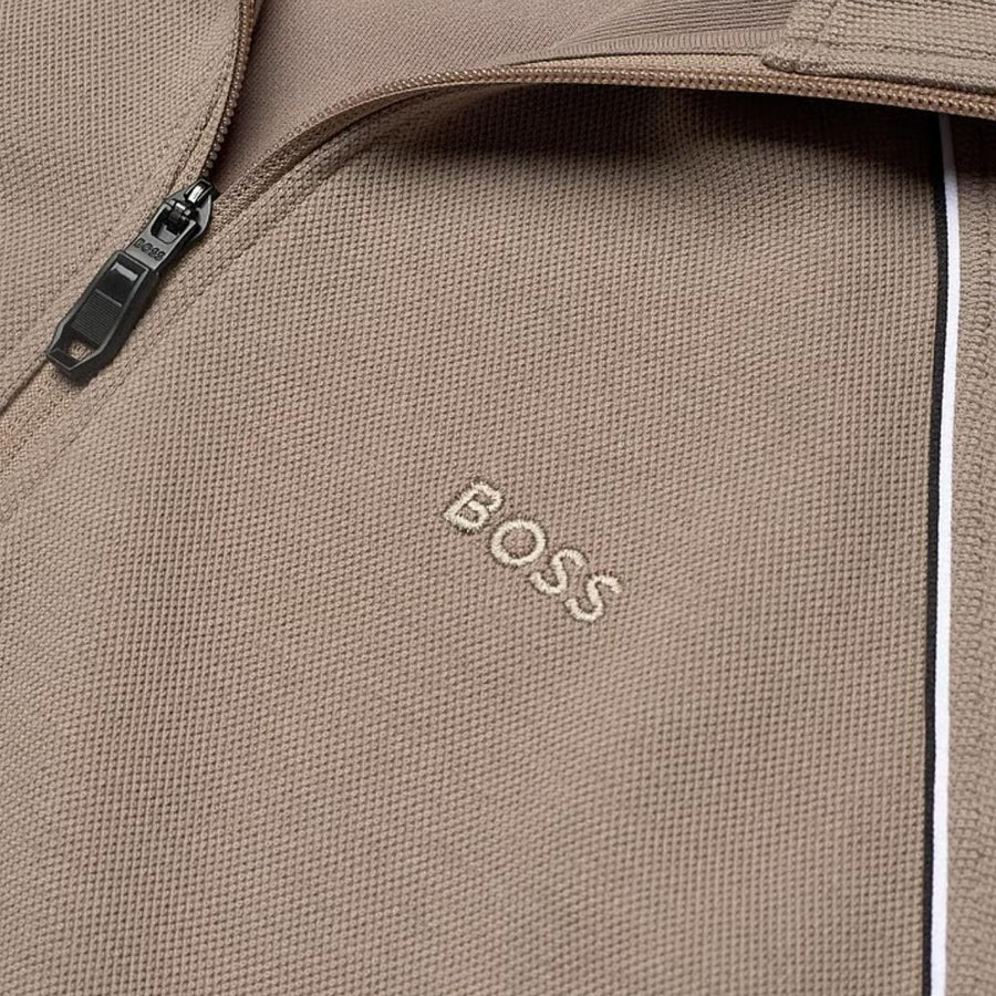 BOSS Cotton-Blend Contrast-Pipping Full Zip Light Pastel Green Sweatshirt