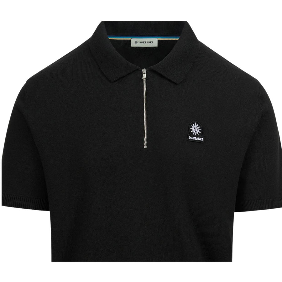 Sandbanks Logo Badge Black Half Zip Knitted Polo Shirt