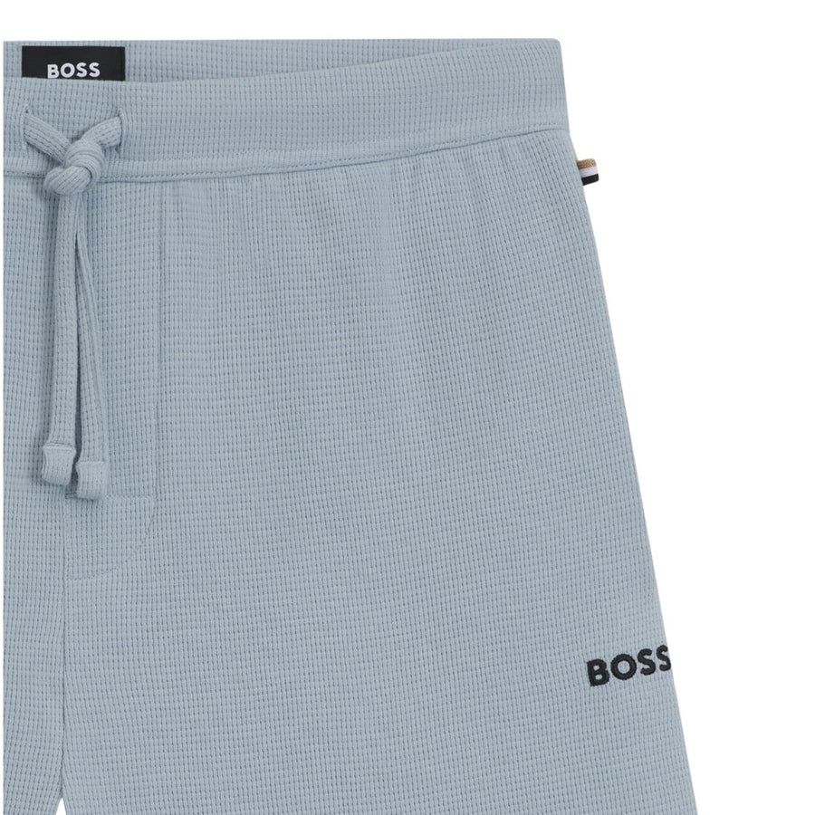 BOSS Embroidered Logo Cotton-Blend Waffle Light Blue Shorts