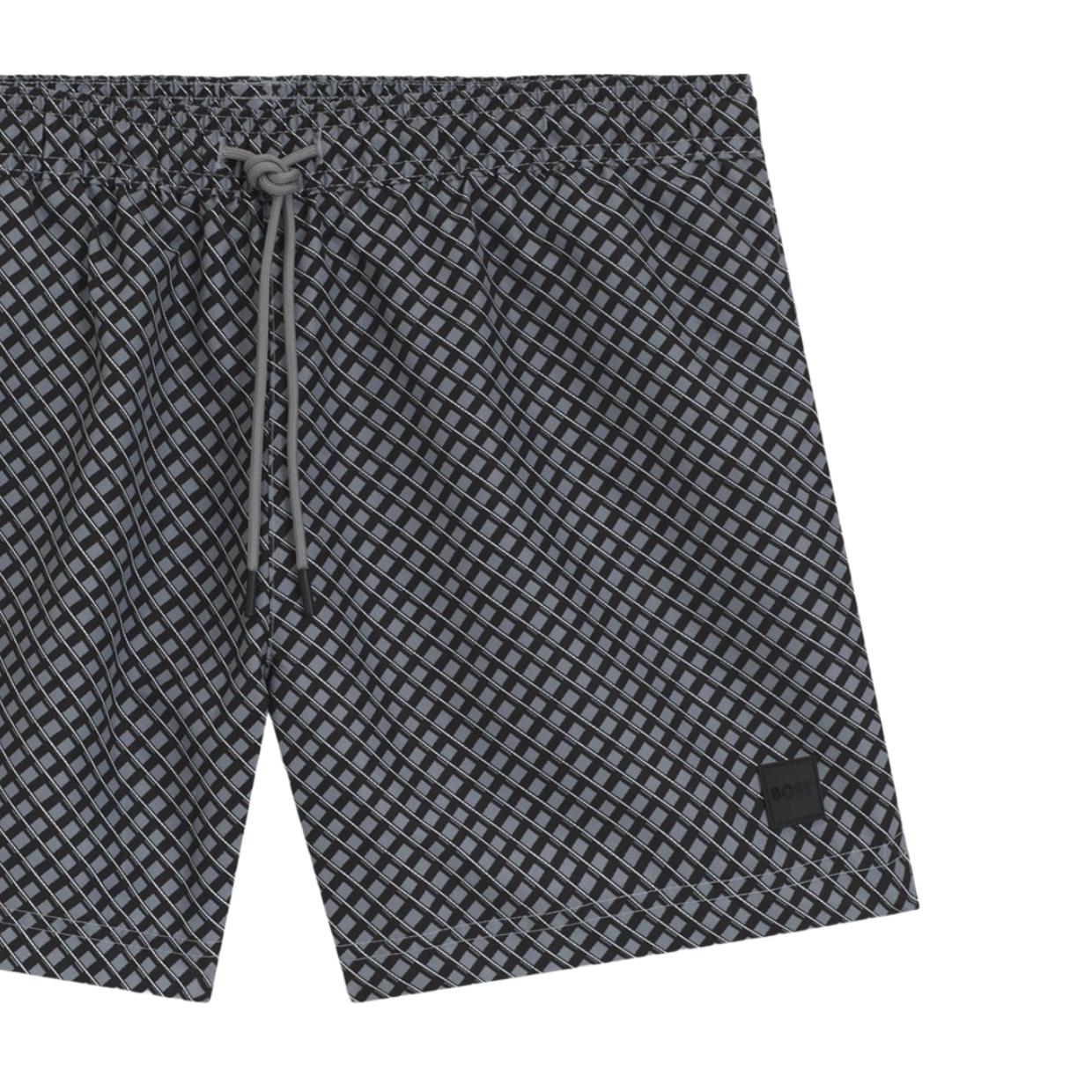 BOSS Logo Badge Micro Print Grey Swim Shorts