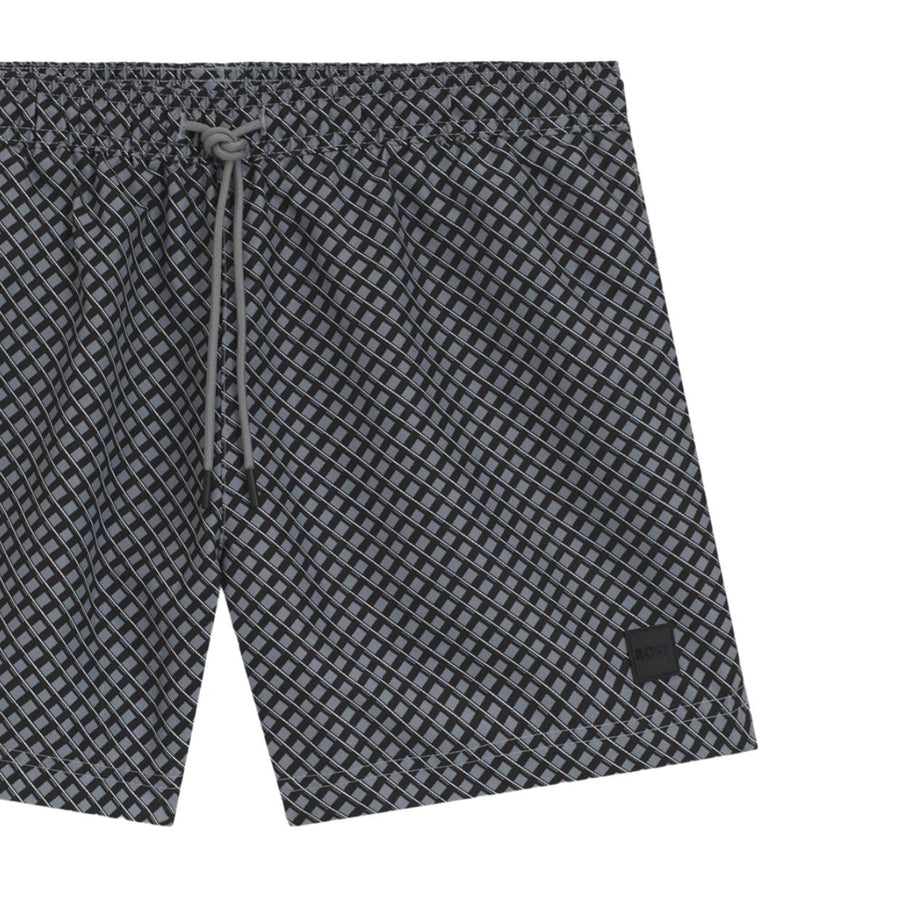 BOSS Logo Badge Micro Print Grey Swim Shorts
