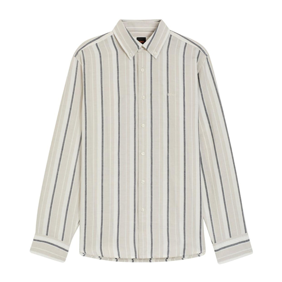 BOSS Regular Fit Linen Grey Stripes Shirt