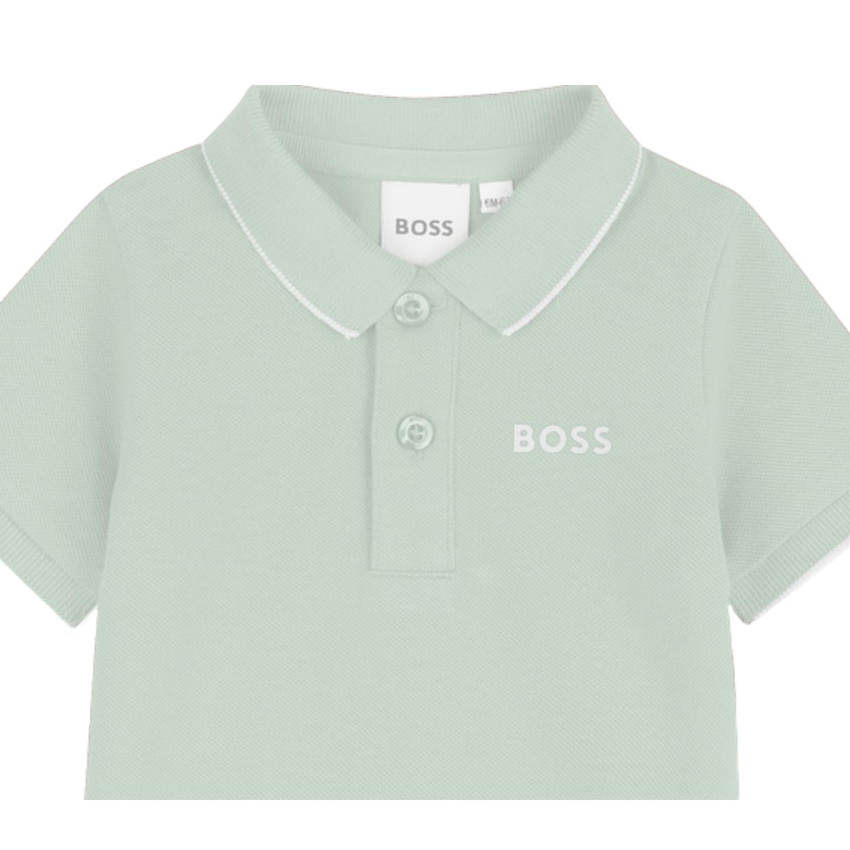 BOSS Kids Print Logo Sprout Green Cotton Pique Polo Shirt