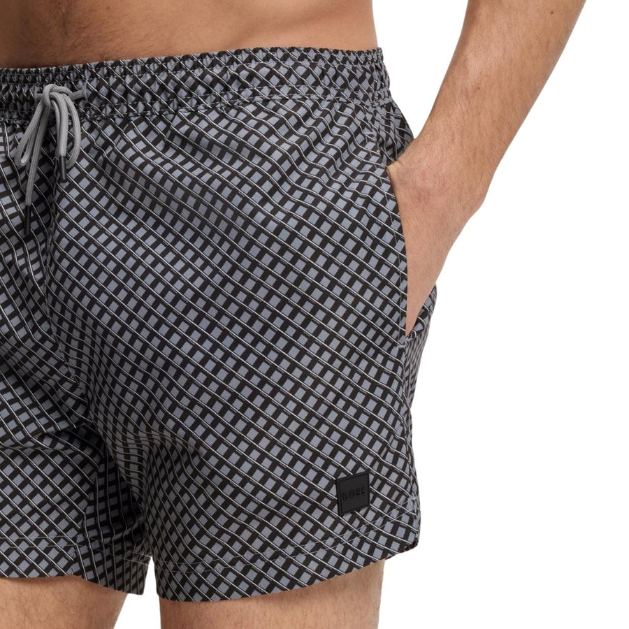 BOSS Logo Badge Micro Print Grey Swim Shorts