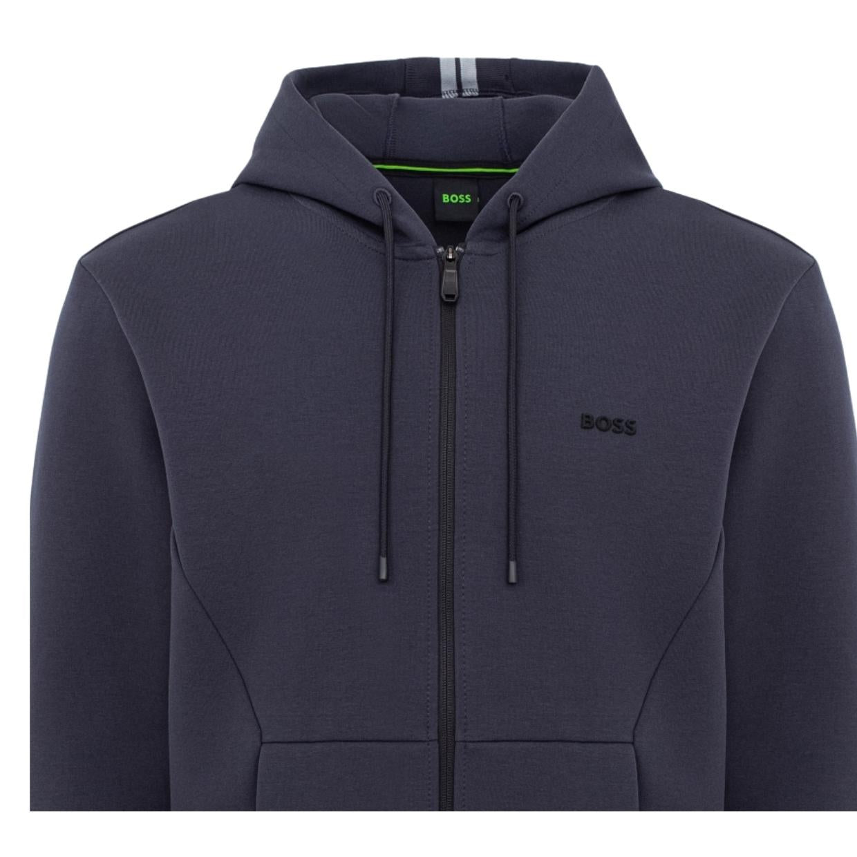 BOSS Cotton Blend Stripe Navy Zip-Up Hoodie
