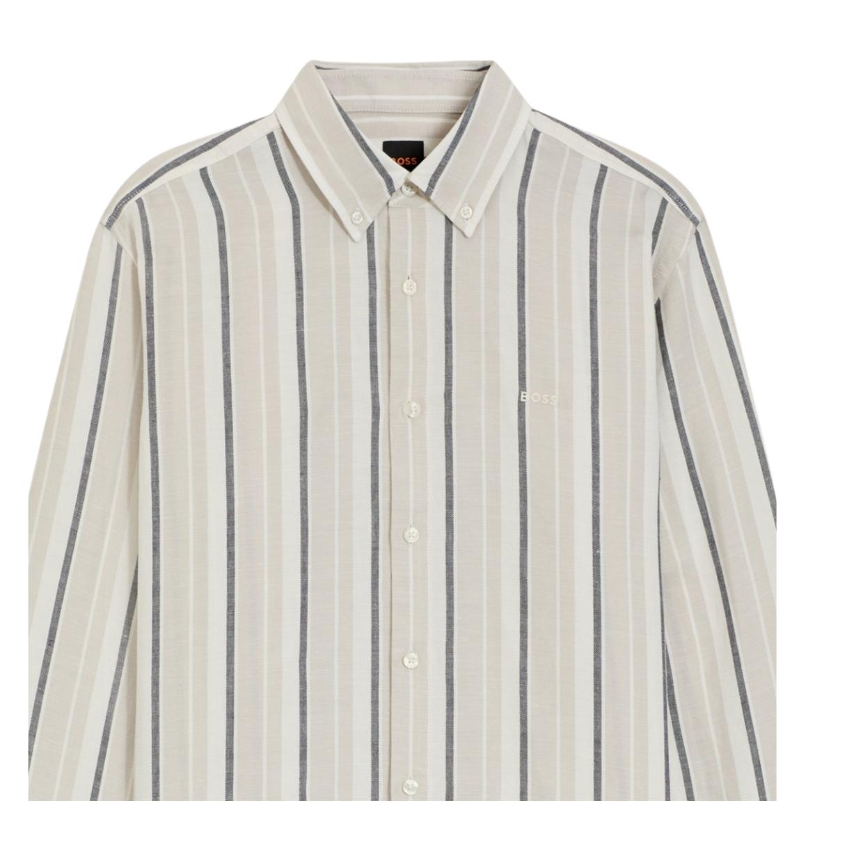 BOSS Regular Fit Linen Grey Stripes Shirt