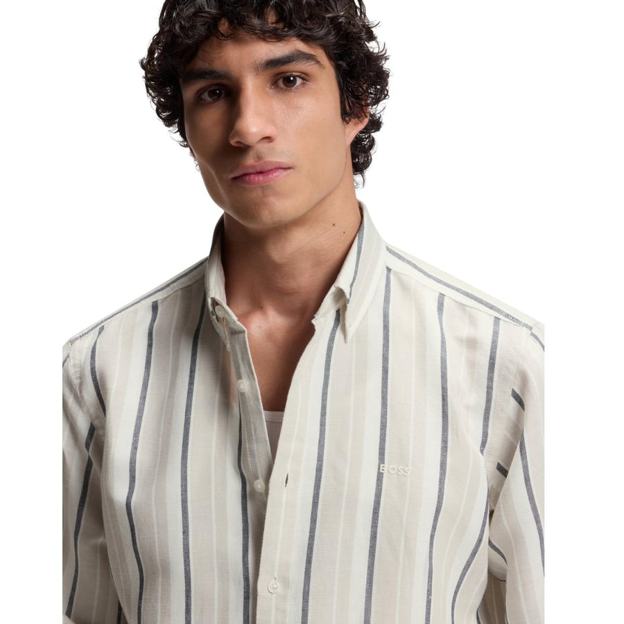 BOSS Regular Fit Linen Grey Stripes Shirt