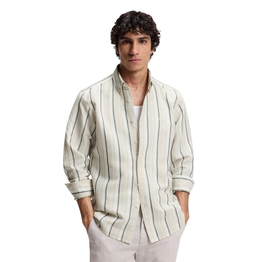 BOSS Regular Fit Linen Grey Stripes Shirt
