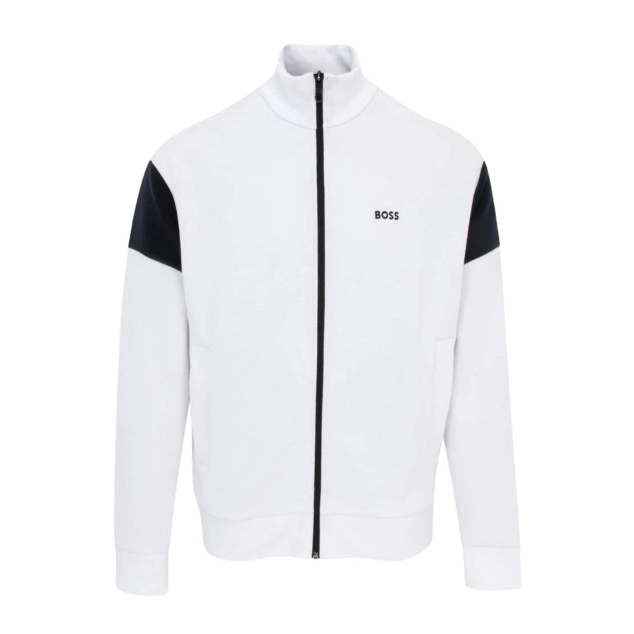 BOSS Contrast Inserts Cotton Blend White Zip Sweatshirt