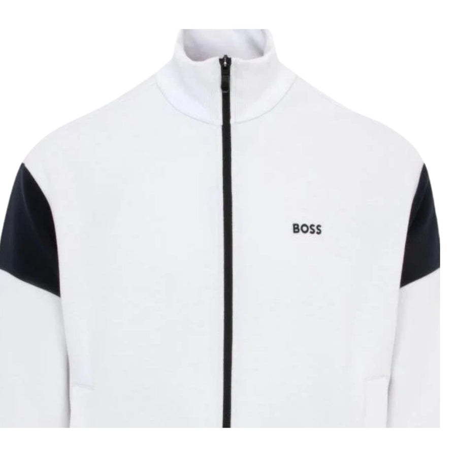 BOSS Contrast Inserts Cotton Blend White Zip Sweatshirt