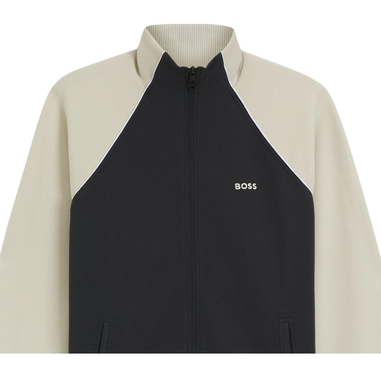 BOSS Cotton-Blend Contrast-Pipping Full Zip Dark Navy Sweatshirt