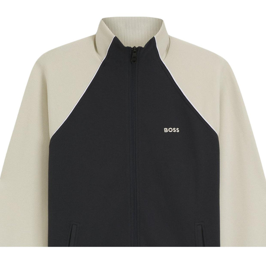 BOSS Cotton-Blend Contrast-Pipping Full Zip Dark Navy Sweatshirt