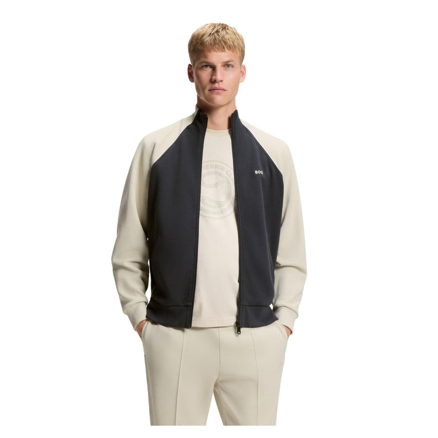 BOSS Cotton-Blend Contrast-Pipping Full Zip Dark Navy Sweatshirt