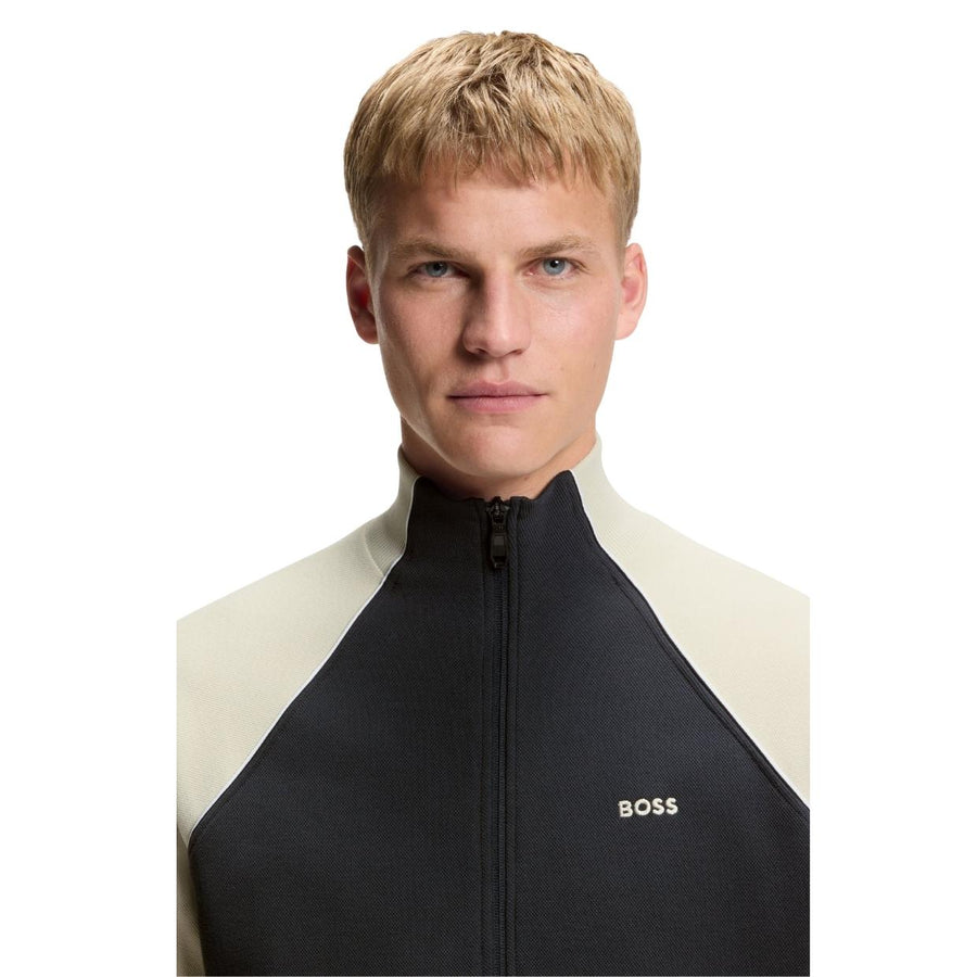 BOSS Cotton-Blend Contrast-Pipping Full Zip Dark Navy Sweatshirt