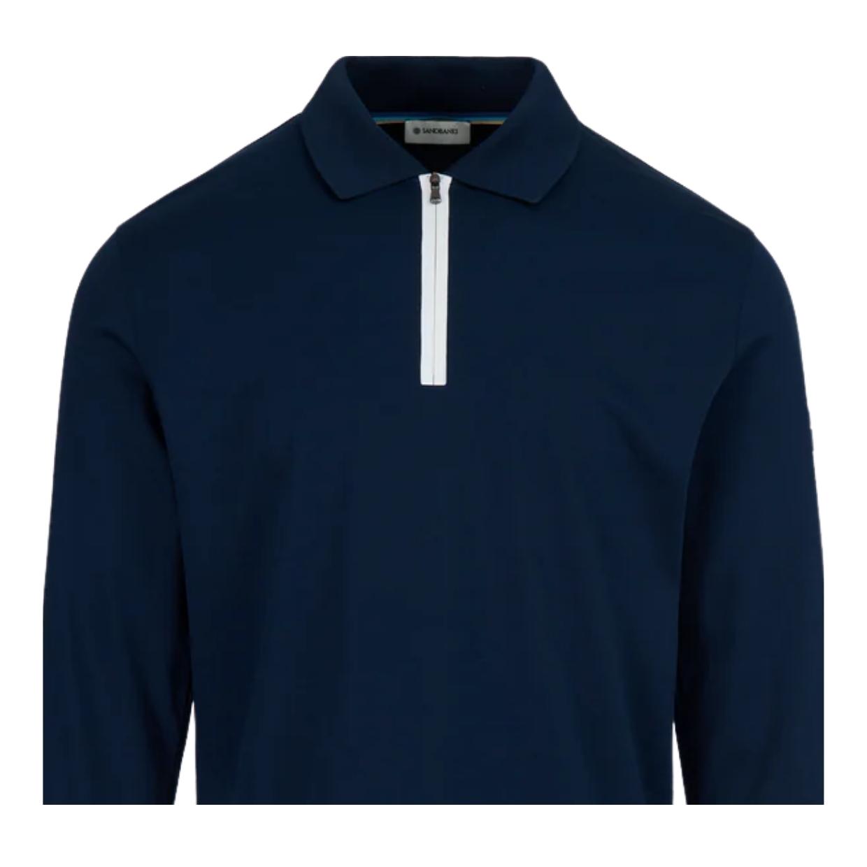 Sandbanks Silicone Zip Long Sleeve Navy Polo Shirt