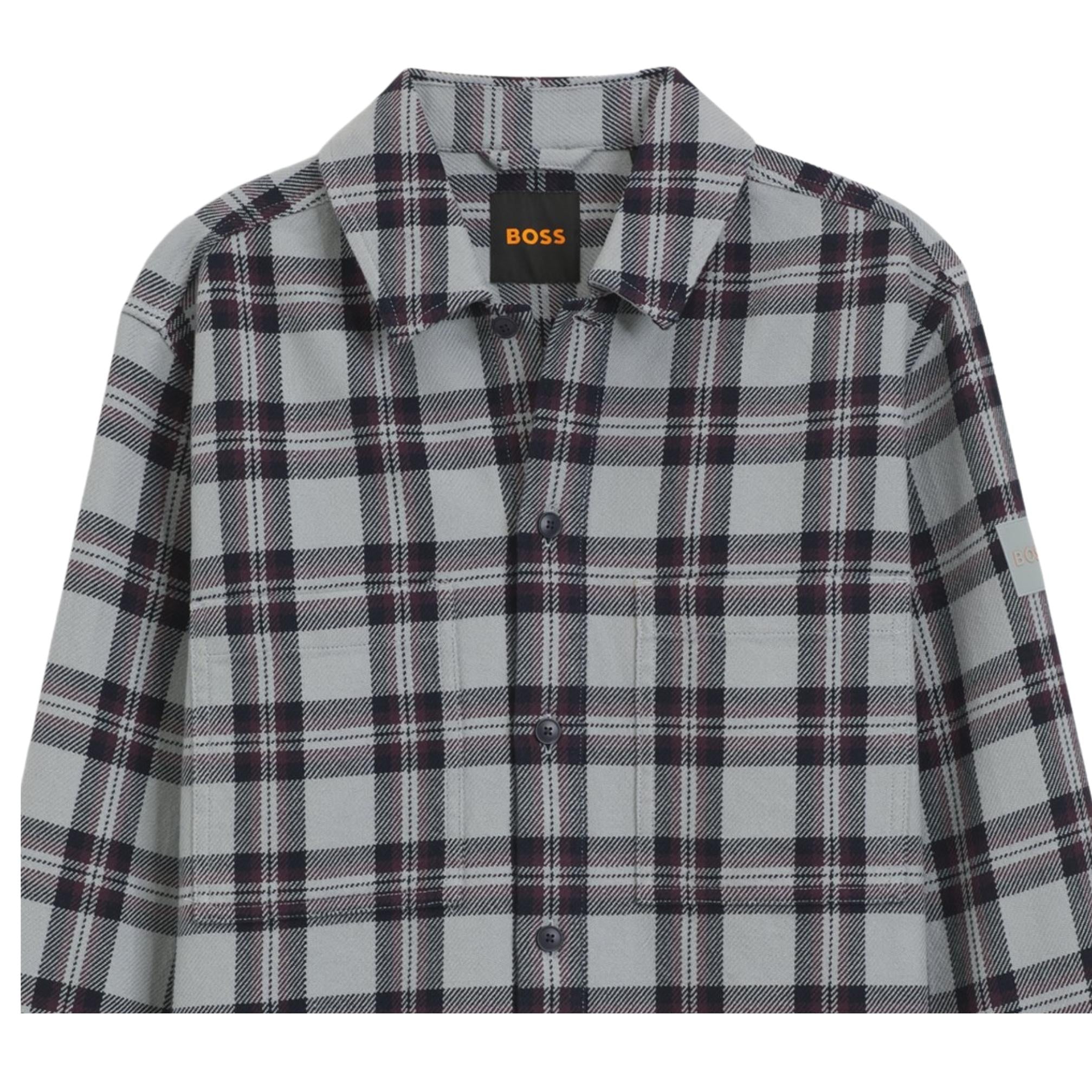 BOSS Locky 2 Checked Cotton Oversized Fit Grey Overshirt