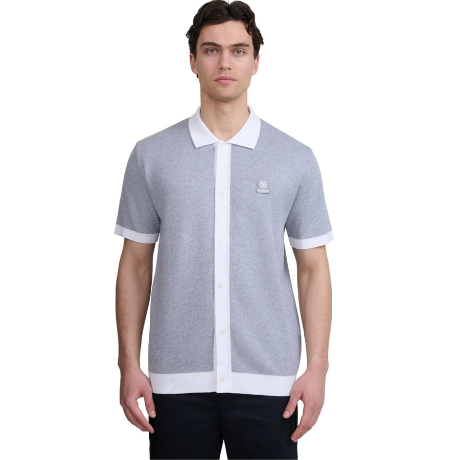 Sandbanks Full-Button Knitted Grey Marl Polo Shirt