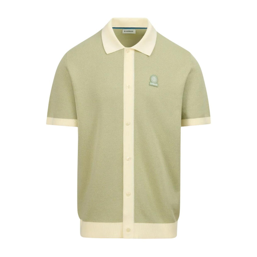 Sandbanks Full-Button Knitted Sage Polo Shirt