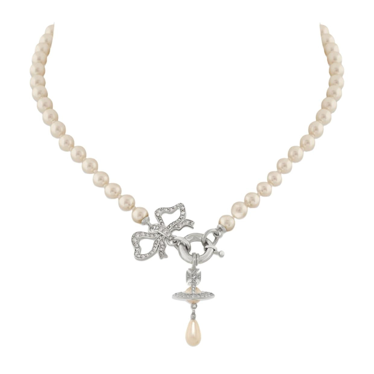 Vivienne Westwood Rigoberta Pearl Platinum Crystal Velvet Necklace
