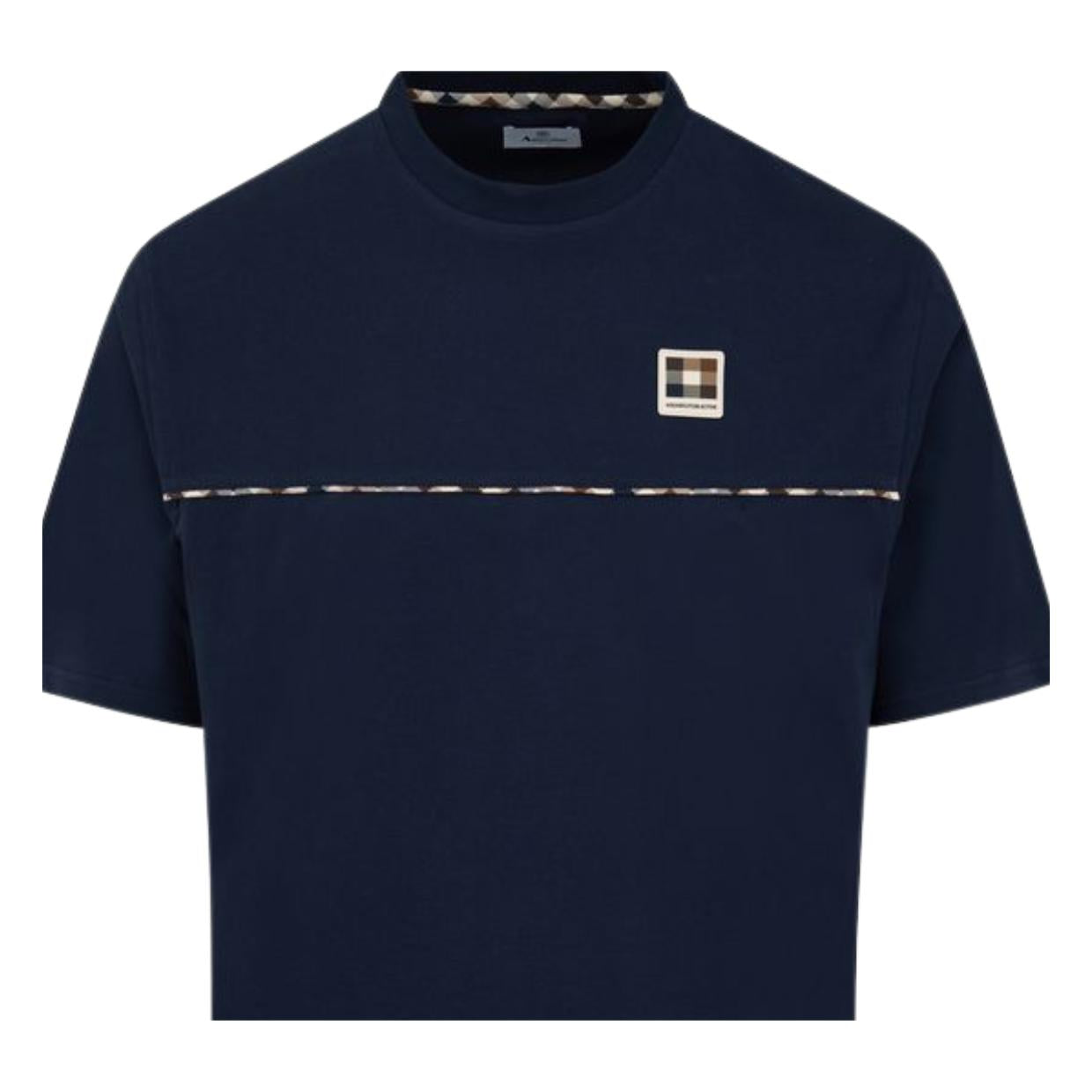 Aquascutum Active Club Check Piping Navy T-Shirt