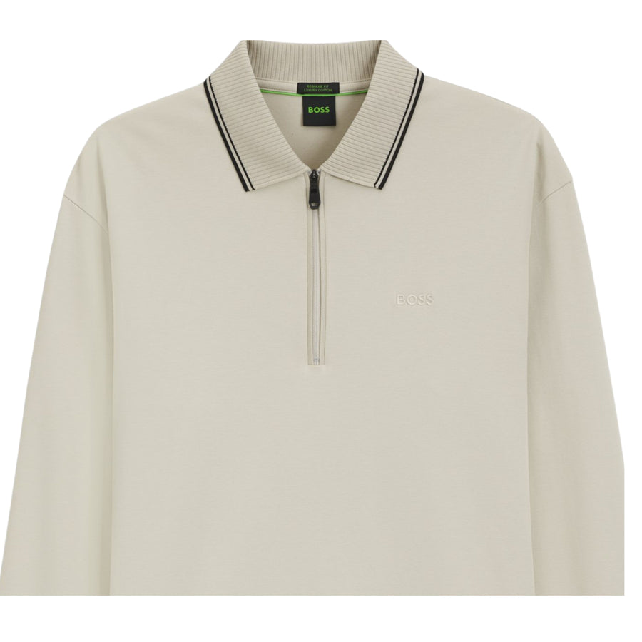 BOSS PL Cord Plisy Interlock Cotton Light Beige Half Zip Polo Shirt