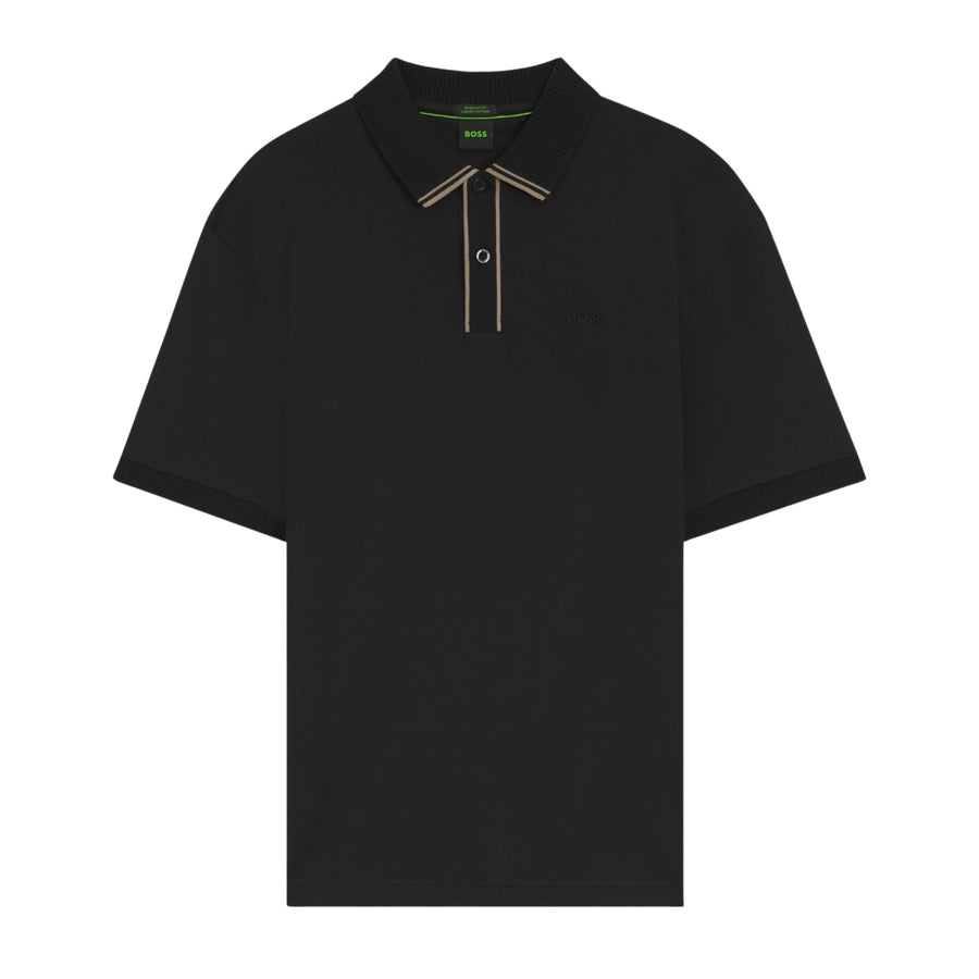 BOSS Cord Paddy Striped Trim Interlock Cotton Black Polo Shirt
