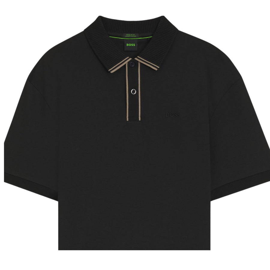 BOSS Cord Paddy Striped Trim Interlock Cotton Black Polo Shirt