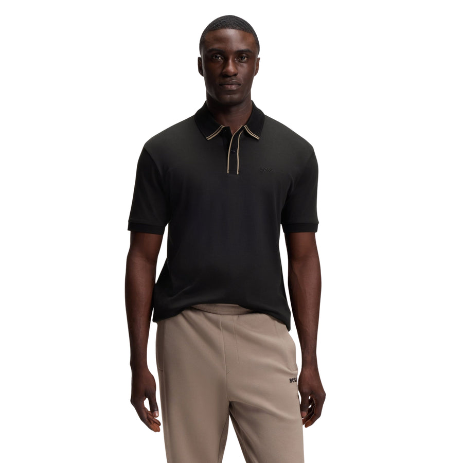 BOSS Cord Paddy Striped Trim Interlock Cotton Black Polo Shirt