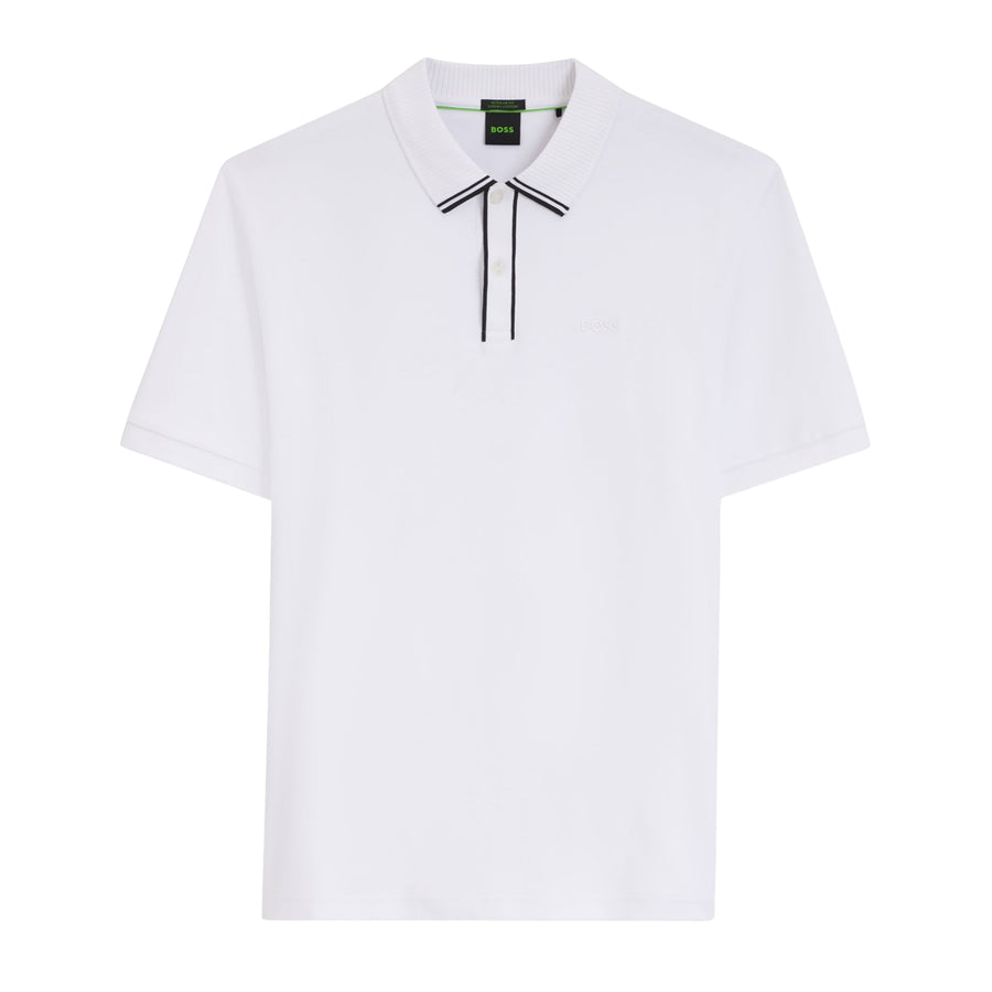 BOSS Cord Paddy Striped Trim Interlock Cotton White Polo Shirt