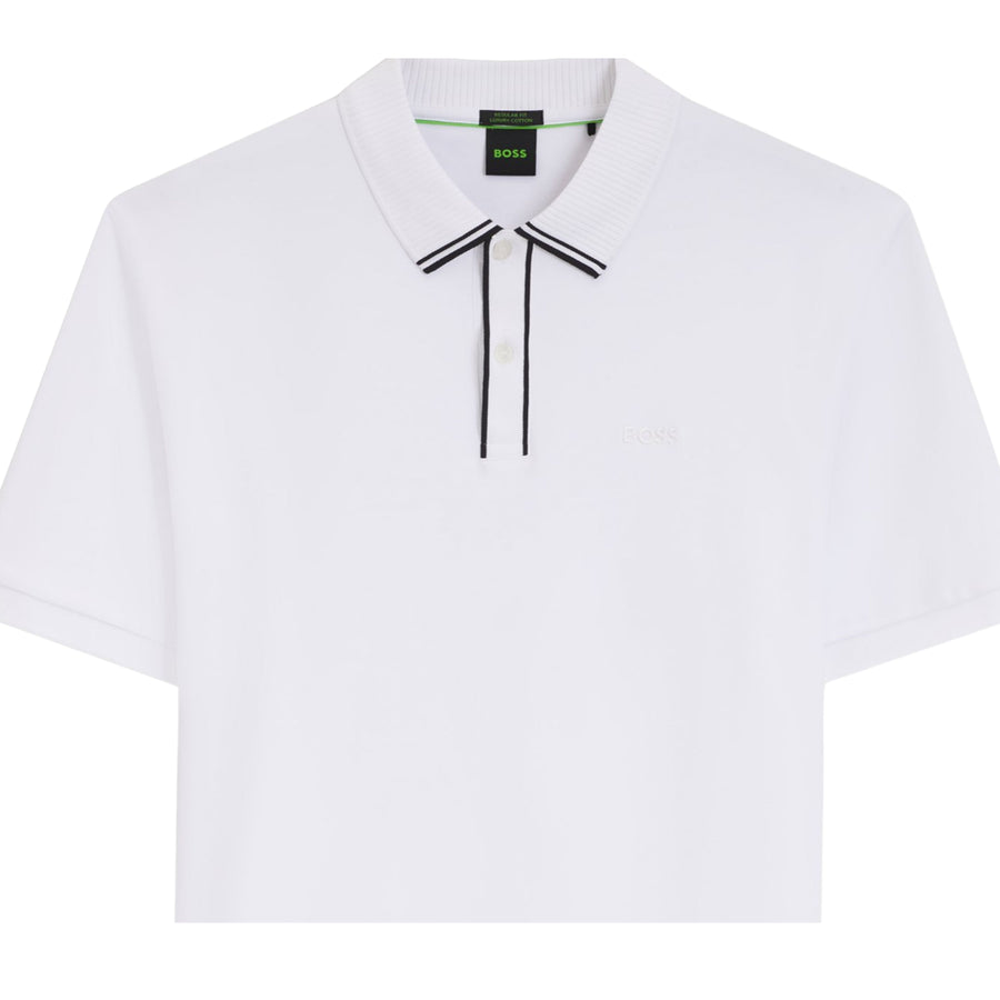 BOSS Cord Paddy Striped Trim Interlock Cotton White Polo Shirt