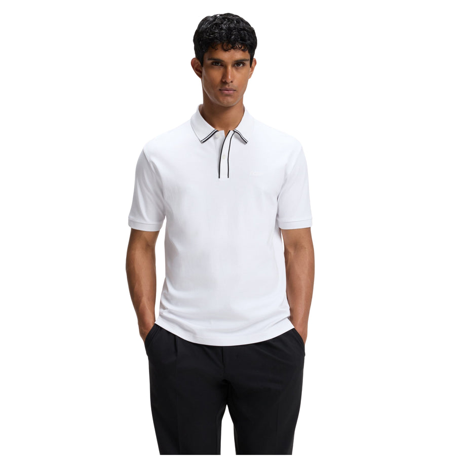 BOSS Cord Paddy Striped Trim Interlock Cotton White Polo Shirt
