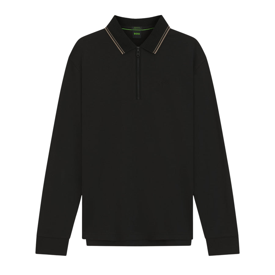 BOSS PL Cord Plisy Interlock Cotton Black Half Zip Polo Shirt