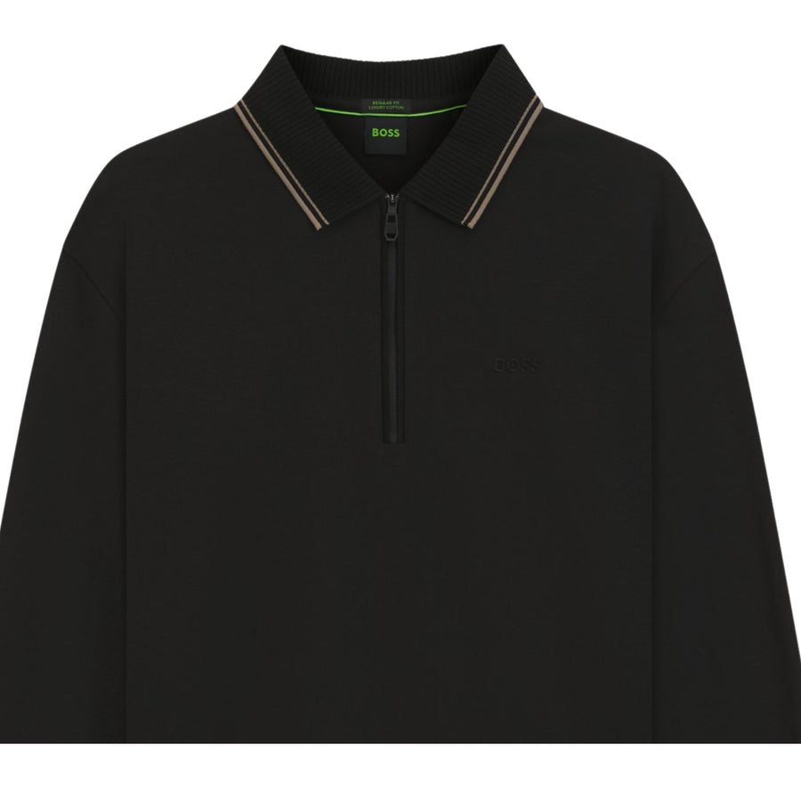 BOSS PL Cord Plisy Interlock Cotton Black Half Zip Polo Shirt