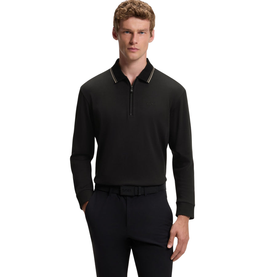 BOSS PL Cord Plisy Interlock Cotton Black Half Zip Polo Shirt