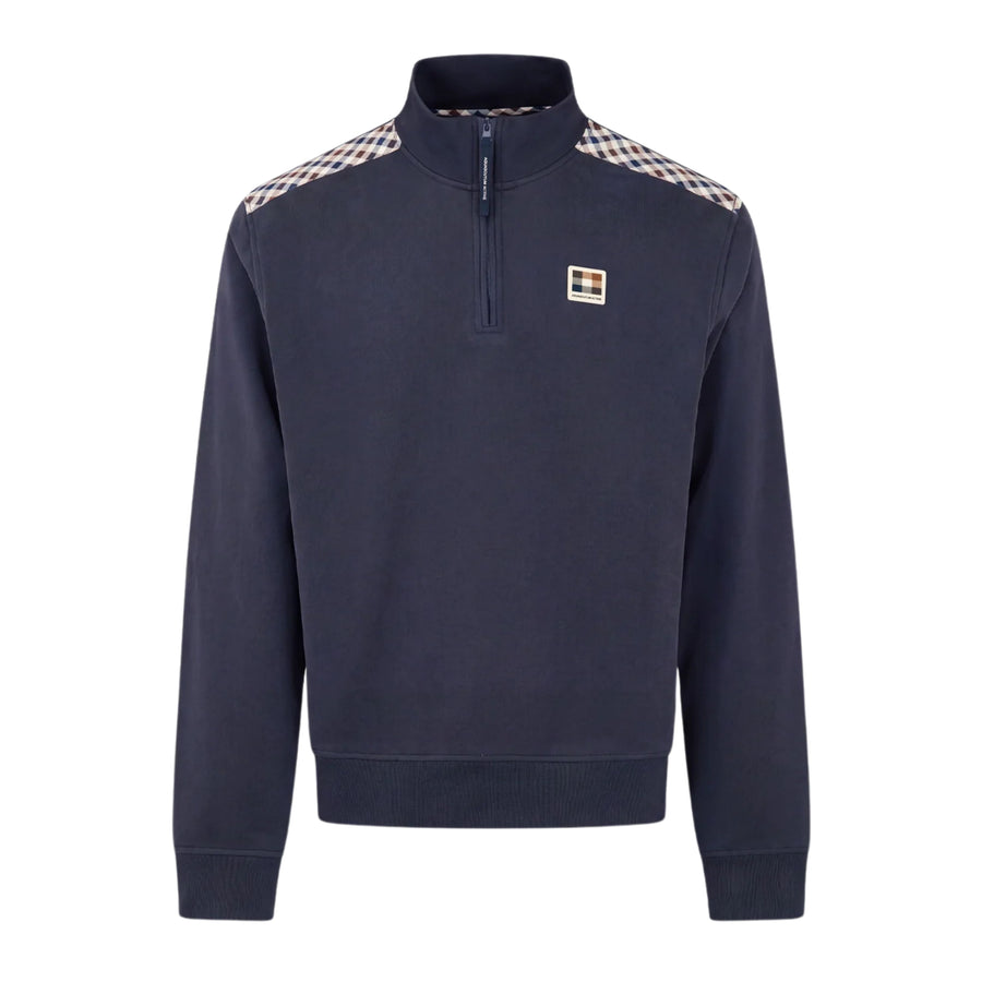 Aquascutum Active Club Check Shoulder Half Zip Navy Fleece Sweatshirt