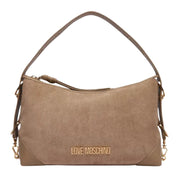 Love Moschino Logo Plaque Beige Suede Shoulder Bag